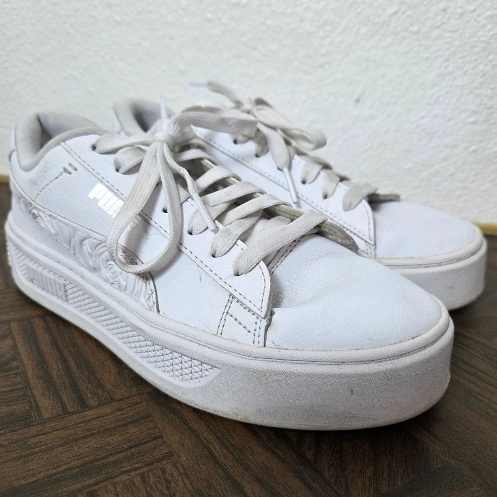 Puma Carina Platform Sneakers White Embossed Floral Lace Up Womens 7.5